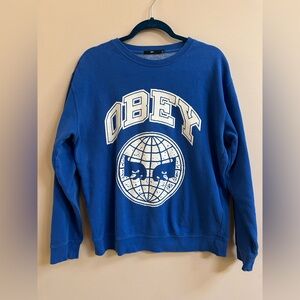 Obey Blue Icon Planet Crewneck Pullover Sweatshirt Sweater Top, Casual Comfy